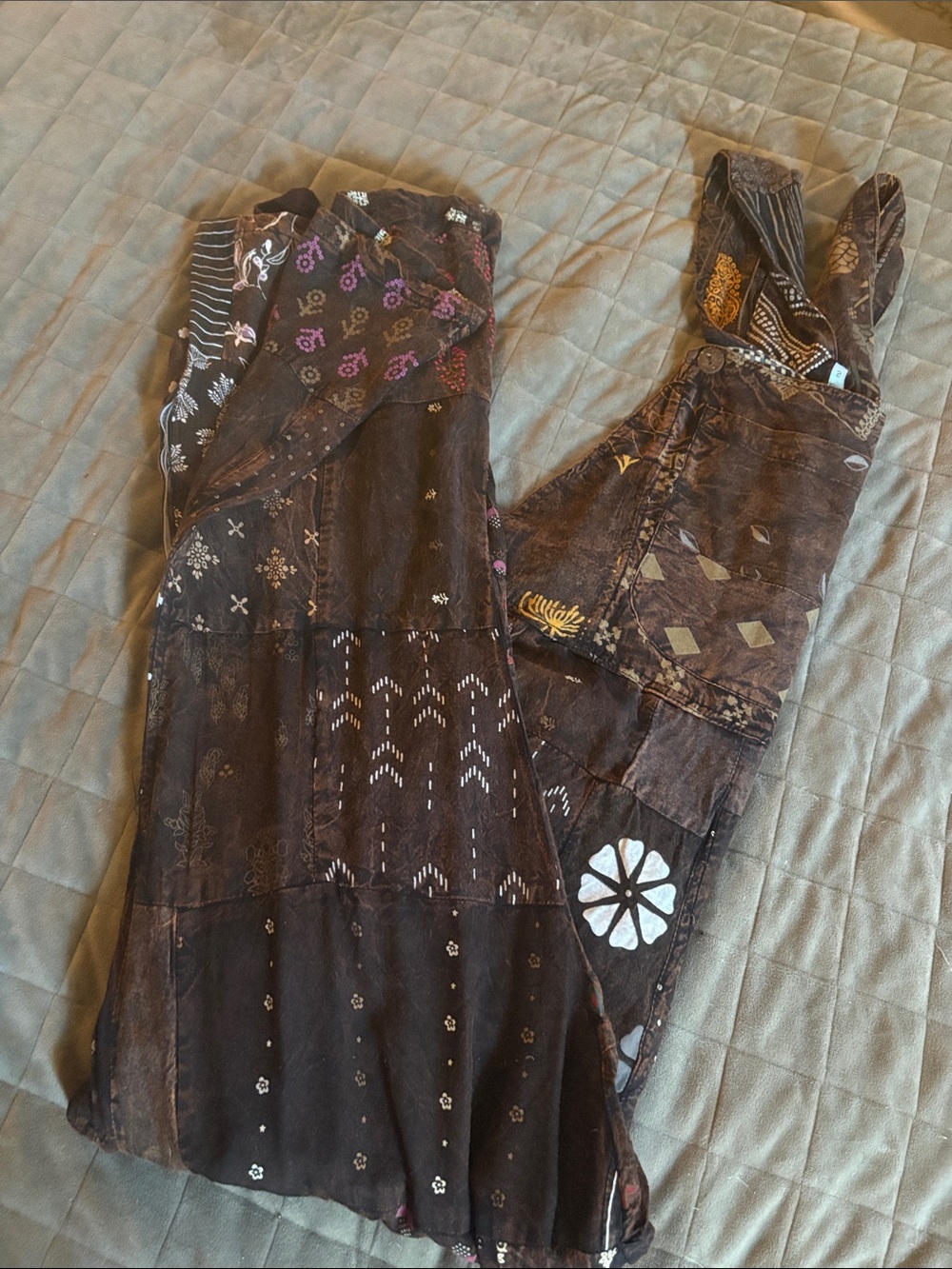 Blue Sky Brown Patchwork Boho Cotton Jumpsuit Romper - Picture 2 of 5